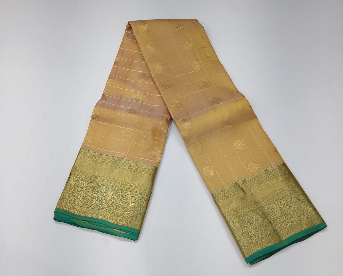 Pure Handloom Kanjivaram Silk Saree – Champagne Gold & Turquoise Teal with Antique Gold Zari