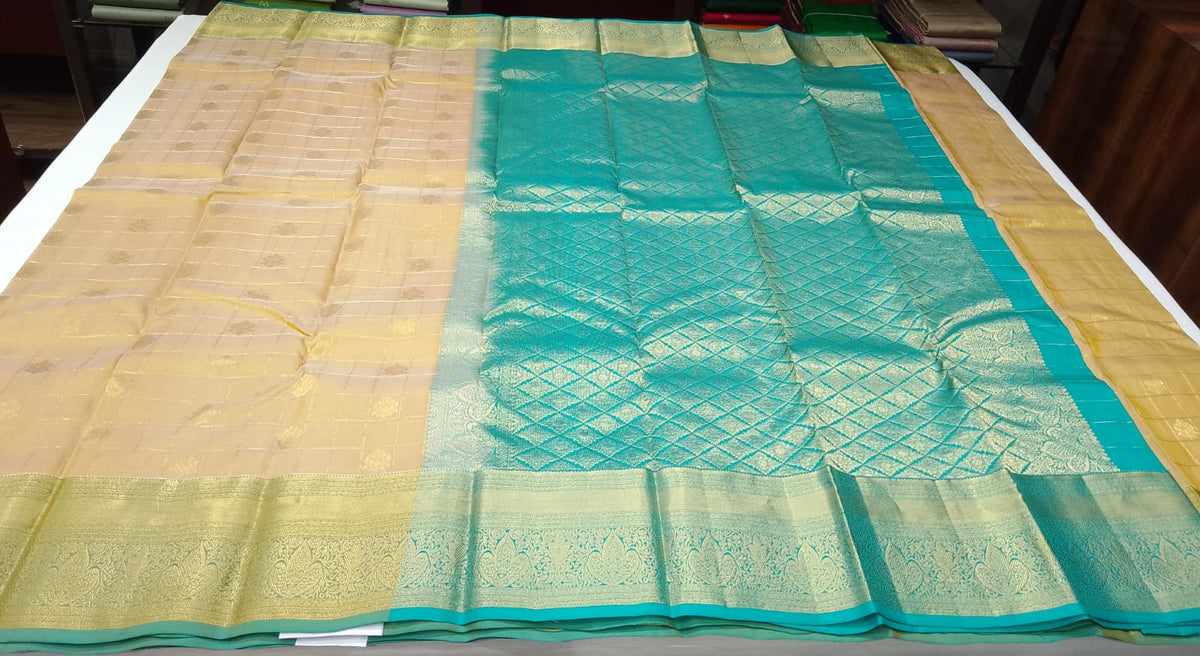 Pure Handloom Kanjivaram Silk Saree – Champagne Gold & Turquoise Teal with Antique Gold Zari
