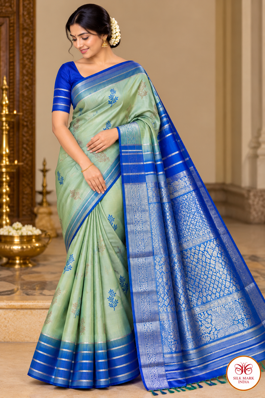 Pure Handloom Kanjivaram Silk Saree – Pistachio Green & Royal Blue with Silver Zari