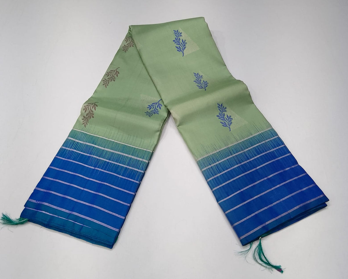 Pure Handloom Kanjivaram Silk Saree – Pistachio Green & Royal Blue with Silver Zari