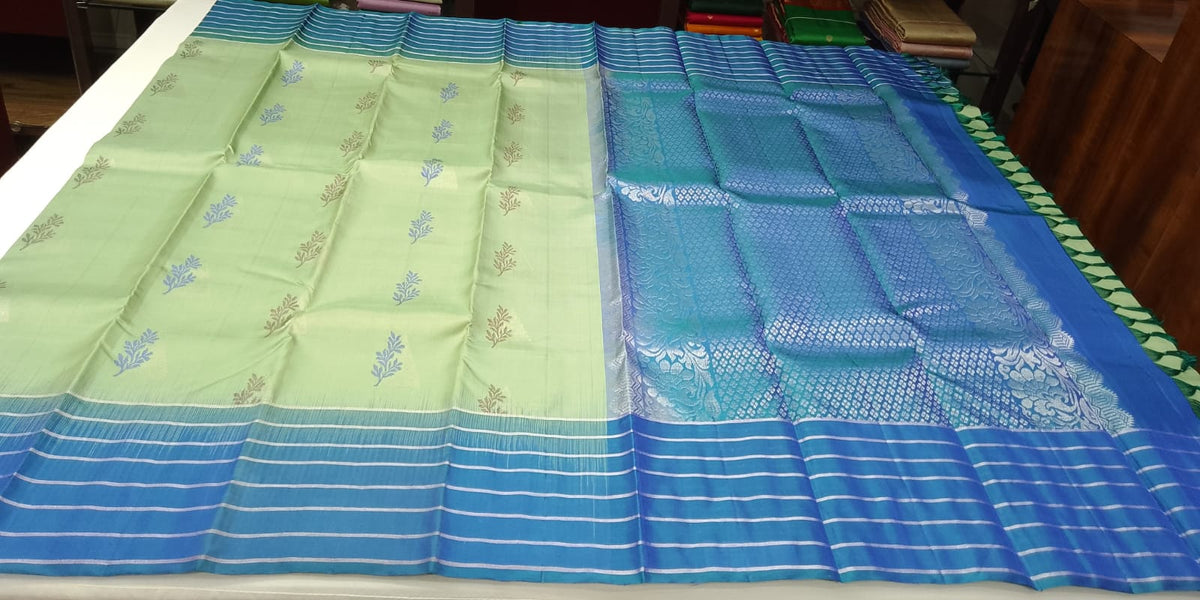 Pure Handloom Kanjivaram Silk Saree – Pistachio Green & Royal Blue with Silver Zari