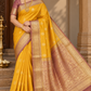 Pure Handloom Kanjivaram Silk Saree in Mustard Golden Yellow with Muted Onion Pink Border