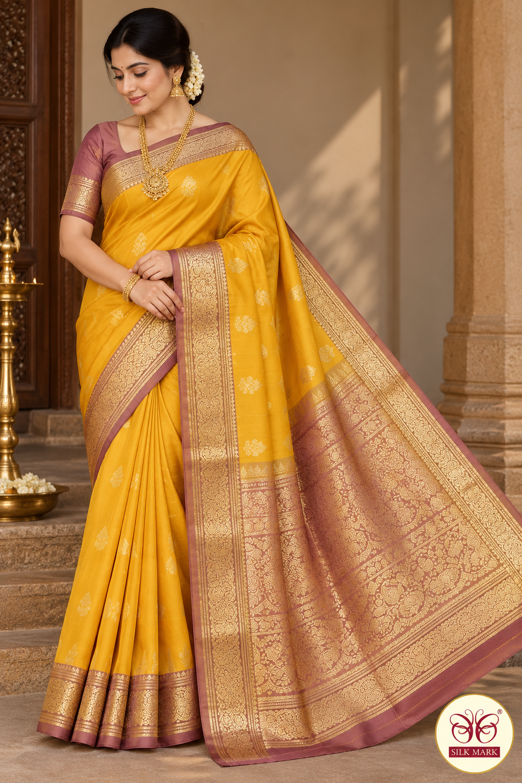 Pure Handloom Kanjivaram Silk Saree in Mustard Golden Yellow with Muted Onion Pink Border