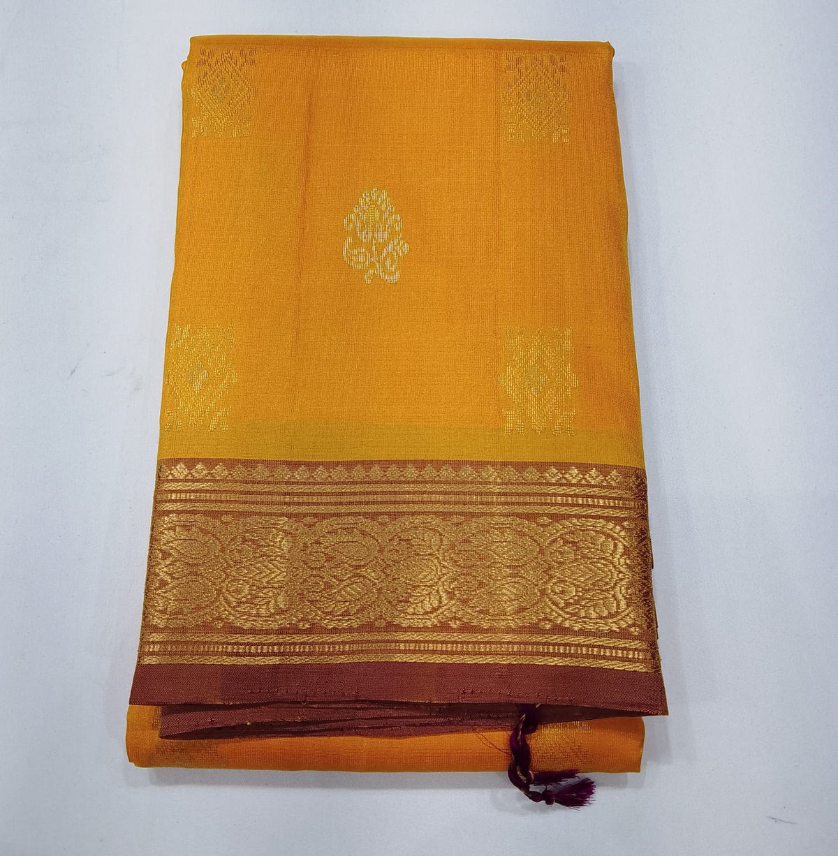 Pure Handloom Kanjivaram Silk Saree in Mustard Golden Yellow with Muted Onion Pink Border