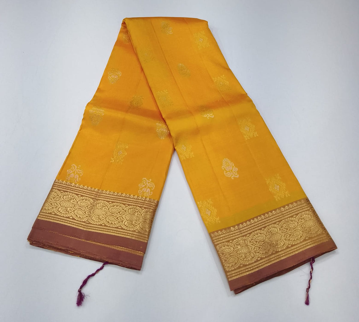 Pure Handloom Kanjivaram Silk Saree in Mustard Golden Yellow with Muted Onion Pink Border