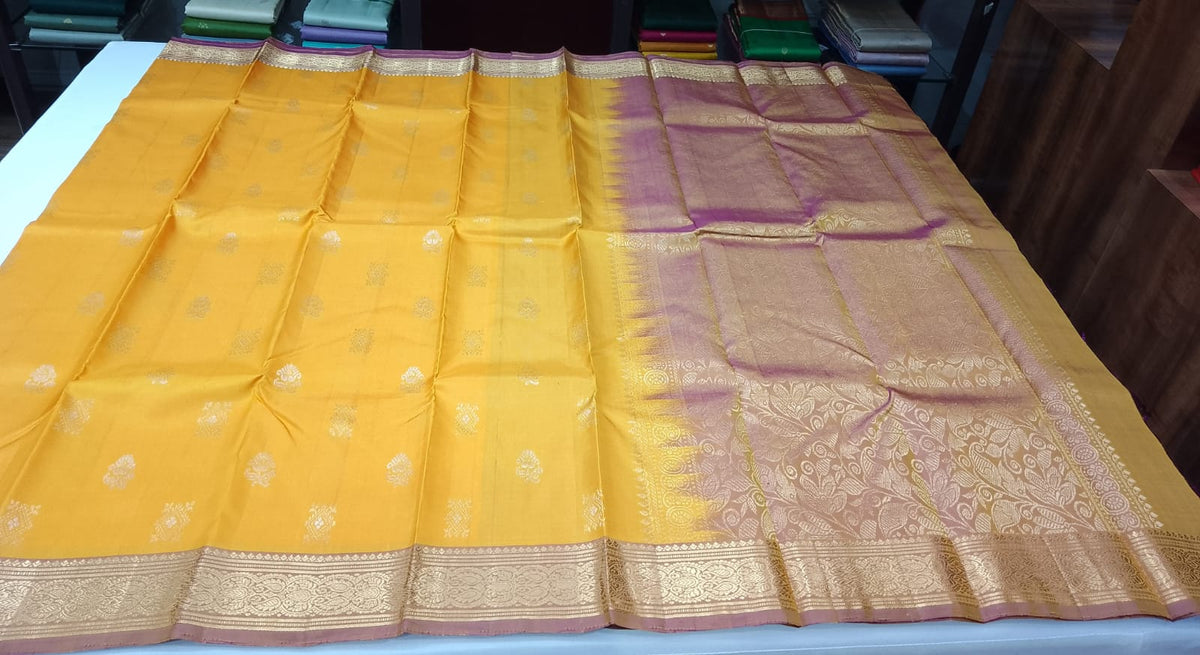 Pure Handloom Kanjivaram Silk Saree in Mustard Golden Yellow with Muted Onion Pink Border