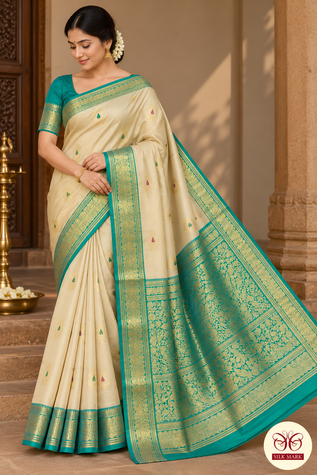 Pure Handloom Kanjivaram Silk Saree in Sandal Beige with Turquoise Teal Green Zari Border