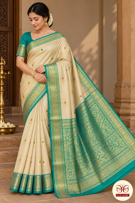 Pure Handloom Kanjivaram Silk Saree in Sandal Beige with Turquoise Teal Green Zari Border