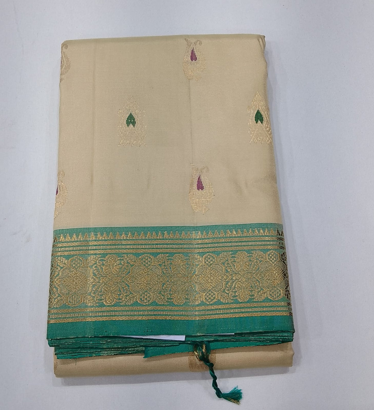 Pure Handloom Kanjivaram Silk Saree in Sandal Beige with Turquoise Teal Green Zari Border