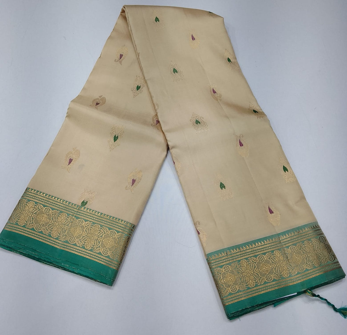 Pure Handloom Kanjivaram Silk Saree in Sandal Beige with Turquoise Teal Green Zari Border
