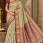 Pure Handloom Kanjivaram Silk Saree in Muted Sage Green with Onion Plum Zari Border
