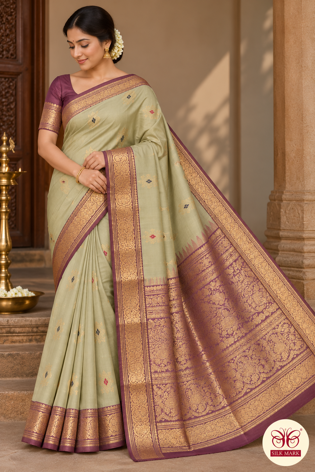 Pure Handloom Kanjivaram Silk Saree in Muted Sage Green with Onion Plum Zari Border