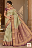 Pure Handloom Kanjivaram Silk Saree in Muted Sage Green with Onion Plum Zari Border