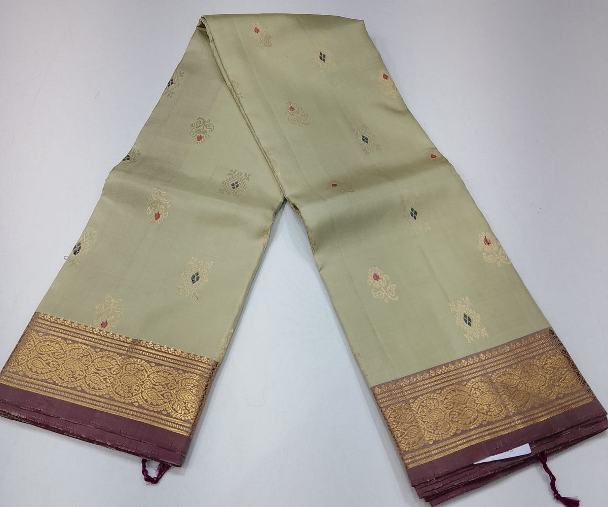 Pure Handloom Kanjivaram Silk Saree in Muted Sage Green with Onion Plum Zari Border