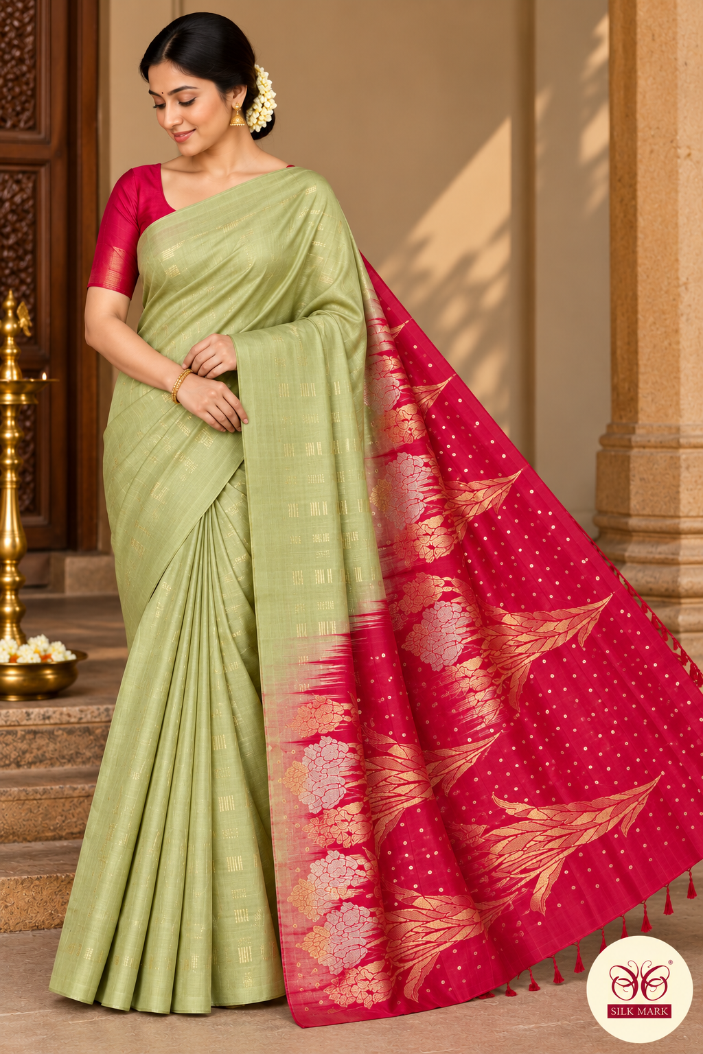 Pure Handloom Soft Silk Borderless Saree in Sage Green with Rich Rani Pink Designer Pallu