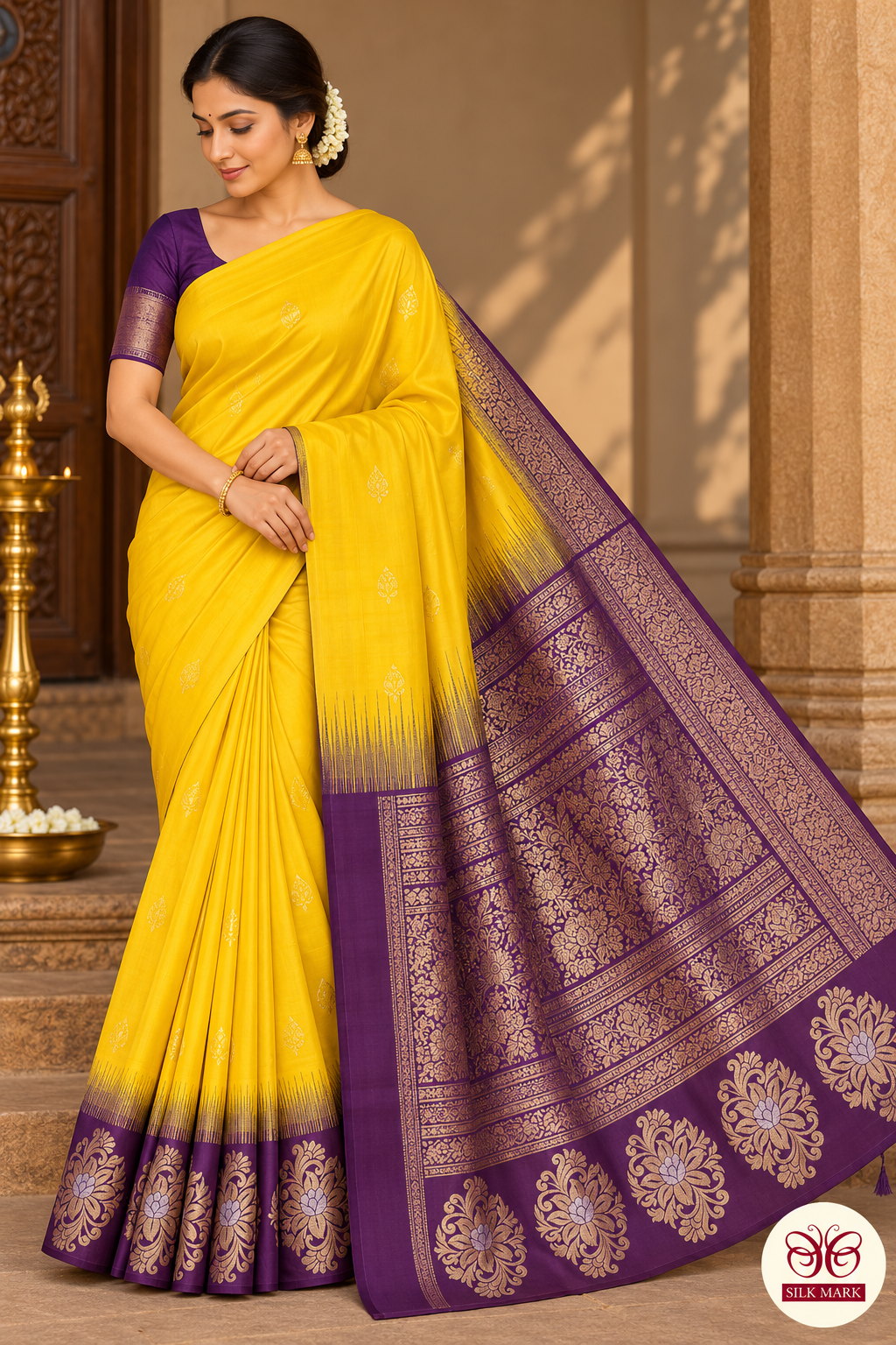 Pure Handloom Soft Silk Saree in Rich Golden Yellow with Deep Plum Purple