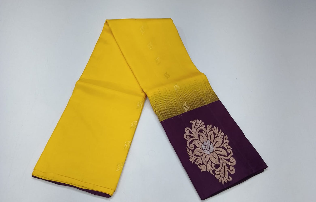 Pure Handloom Soft Silk Saree in Rich Golden Yellow with Deep Plum Purple