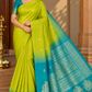 Pure Handloom Soft Silk Saree in Lime Green with Bright Teal Blue Zari Pallu
