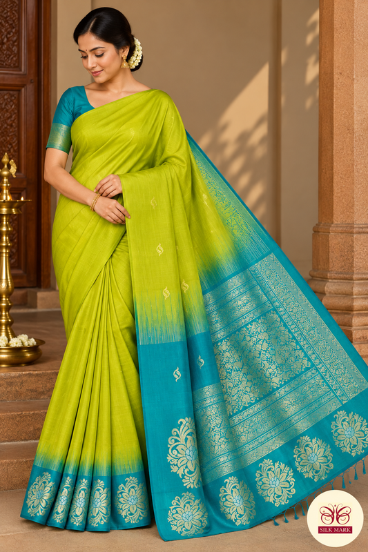 Pure Handloom Soft Silk Saree in Lime Green with Bright Teal Blue Zari Pallu