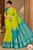 Pure Handloom Soft Silk Saree in Lime Green with Bright Teal Blue Zari Pallu
