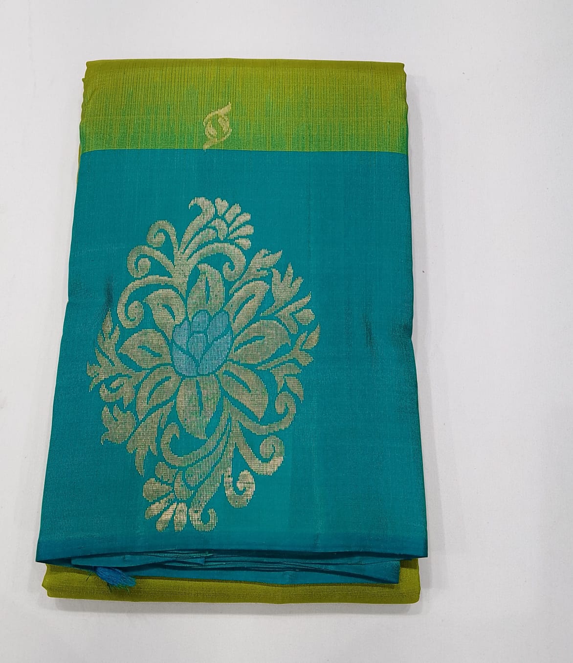 Pure Handloom Soft Silk Saree in Lime Green with Bright Teal Blue Zari Pallu