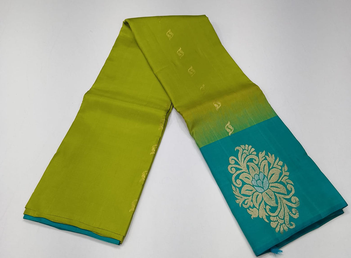 Pure Handloom Soft Silk Saree in Lime Green with Bright Teal Blue Zari Pallu