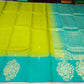 Pure Handloom Soft Silk Saree in Lime Green with Bright Teal Blue Zari Pallu