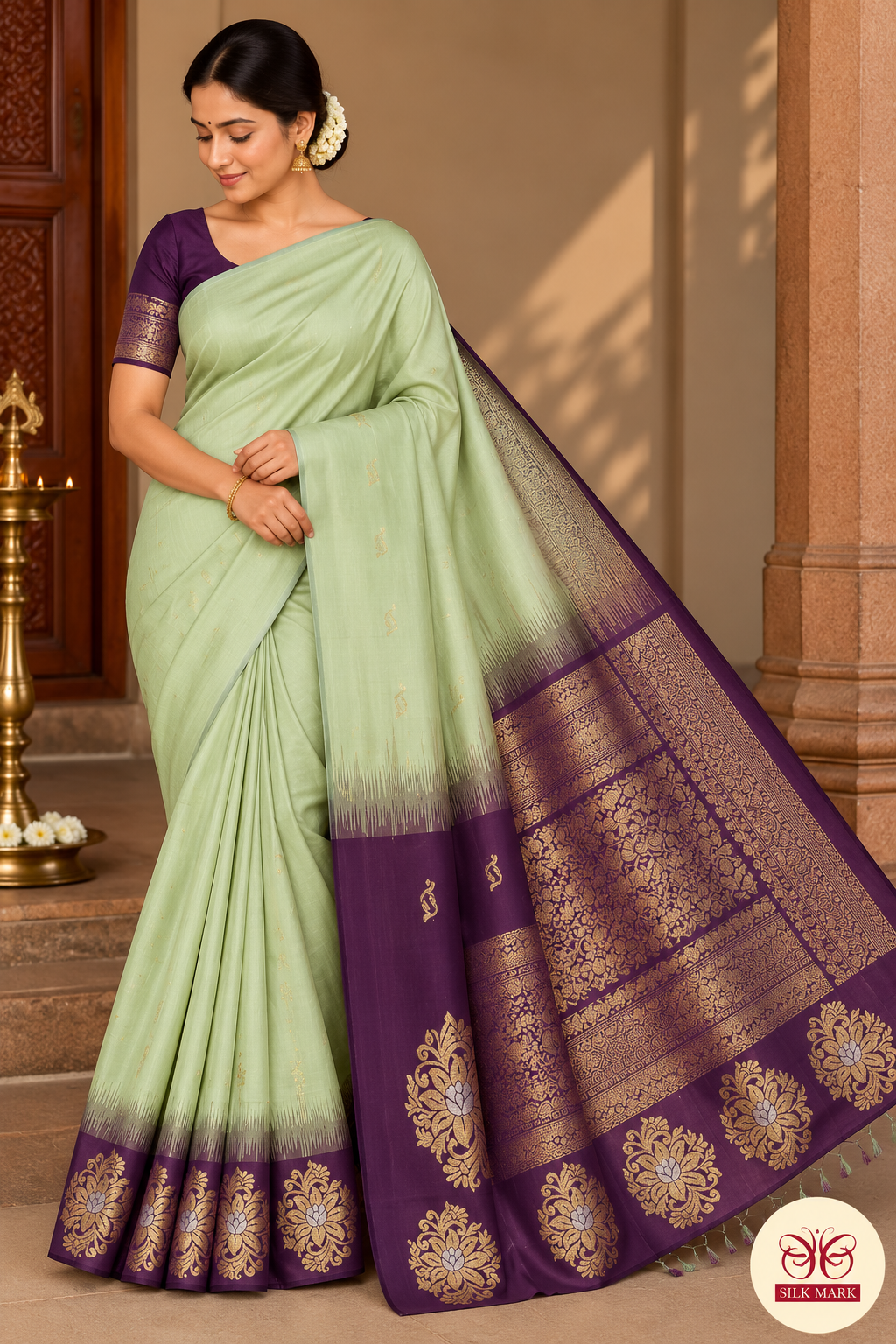 Pure Handloom Soft Silk Saree in Pistachio Green with Deep Wine Purple Floral Pallu