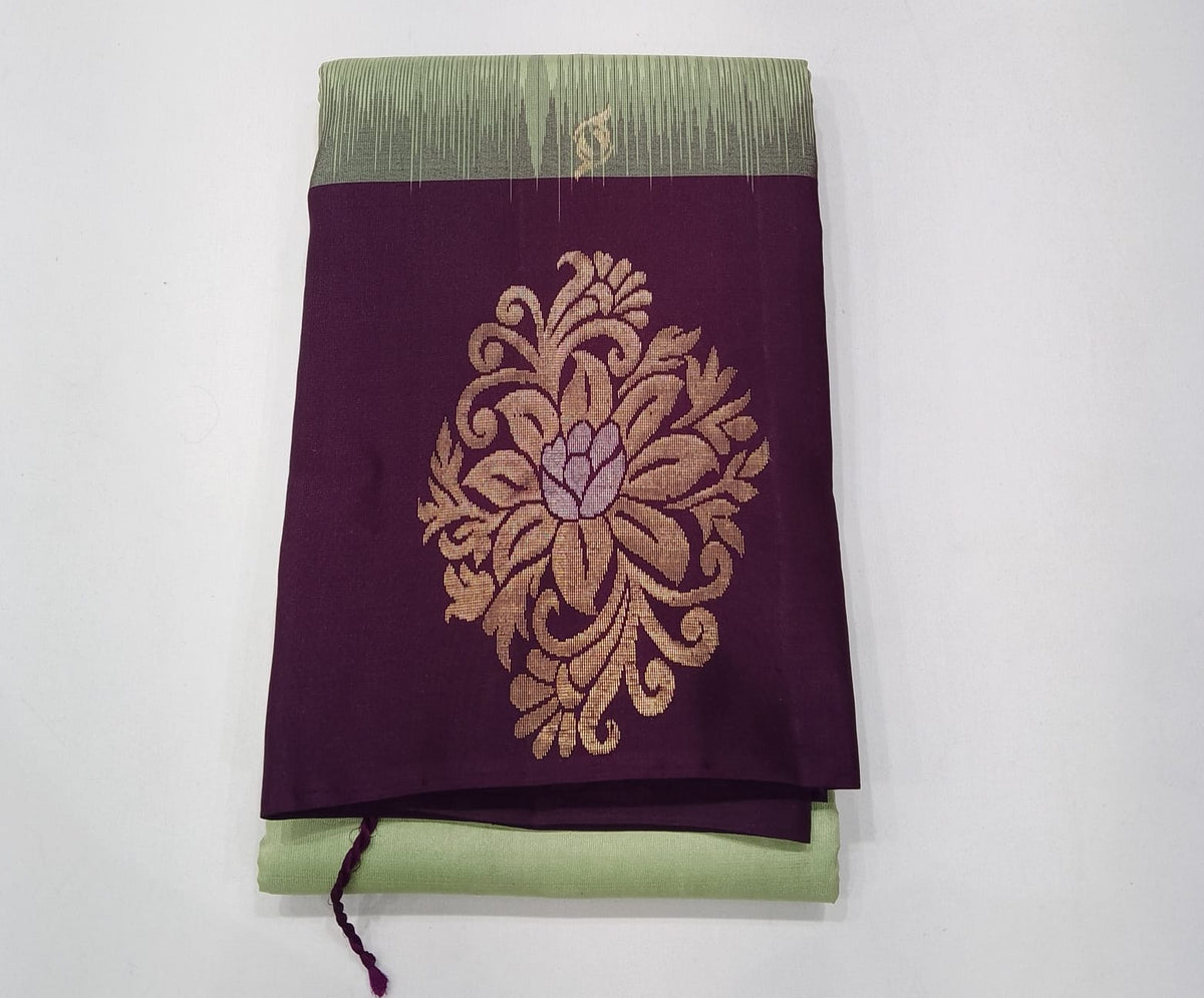 Pure Handloom Soft Silk Saree in Pistachio Green with Deep Wine Purple Floral Pallu