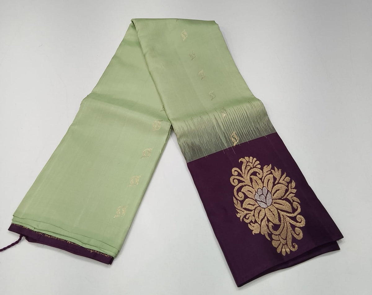 Pure Handloom Soft Silk Saree in Pistachio Green with Deep Wine Purple Floral Pallu