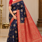 Navy Blue & Vermilion Red Semi Soft Silk Saree with Gold Zari Buttas and Rich Brocade Pallu