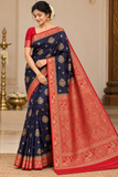 Navy Blue & Vermilion Red Semi Soft Silk Saree with Gold Zari Buttas and Rich Brocade Pallu