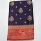 Navy Blue & Vermilion Red Semi Soft Silk Saree with Gold Zari Buttas and Rich Brocade Pallu