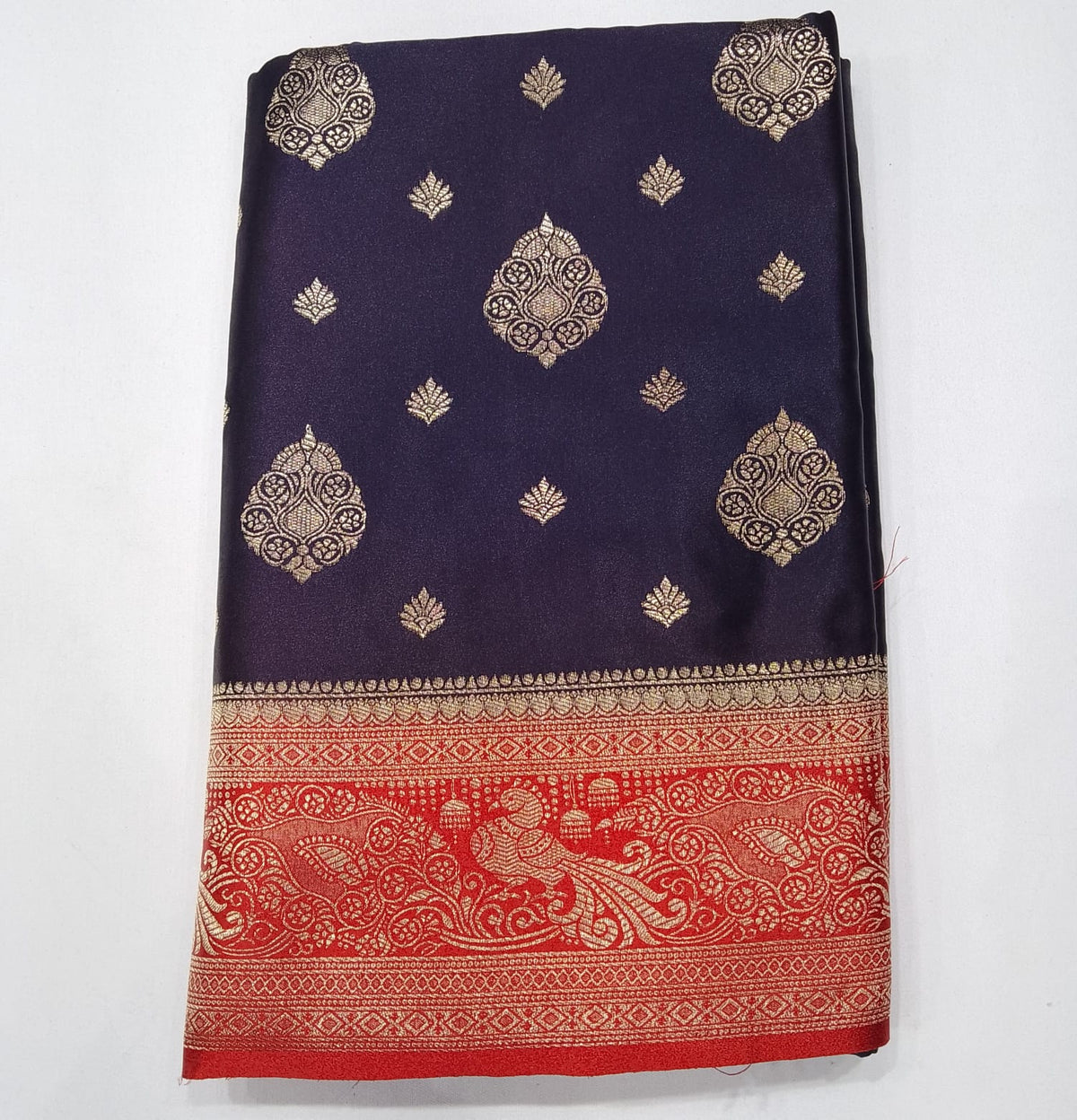 Navy Blue & Vermilion Red Semi Soft Silk Saree with Gold Zari Buttas and Rich Brocade Pallu