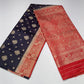 Navy Blue & Vermilion Red Semi Soft Silk Saree with Gold Zari Buttas and Rich Brocade Pallu
