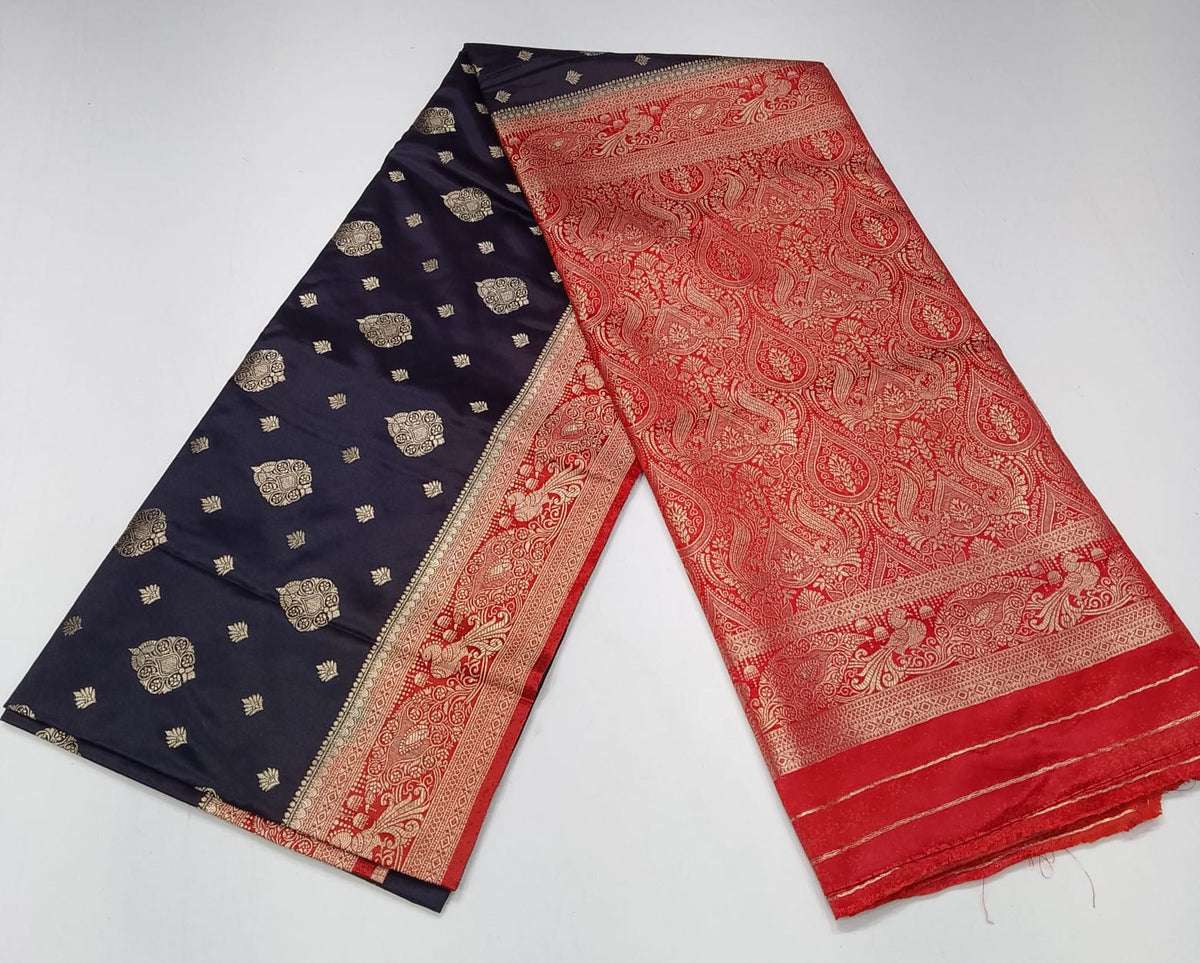Navy Blue & Vermilion Red Semi Soft Silk Saree with Gold Zari Buttas and Rich Brocade Pallu