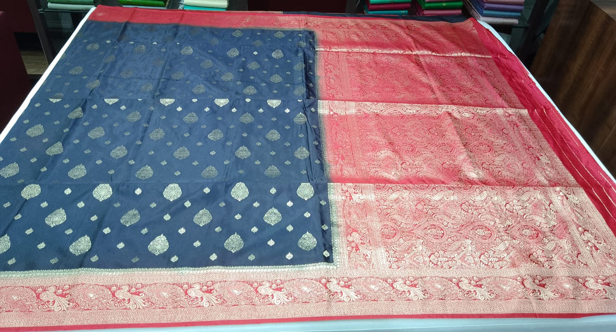 Navy Blue & Vermilion Red Semi Soft Silk Saree with Gold Zari Buttas and Rich Brocade Pallu