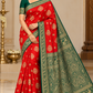 Vermilion Red & Bottle Green Semi Soft Silk Saree with Gold Zari Buttas and Peacock Brocade Pallu