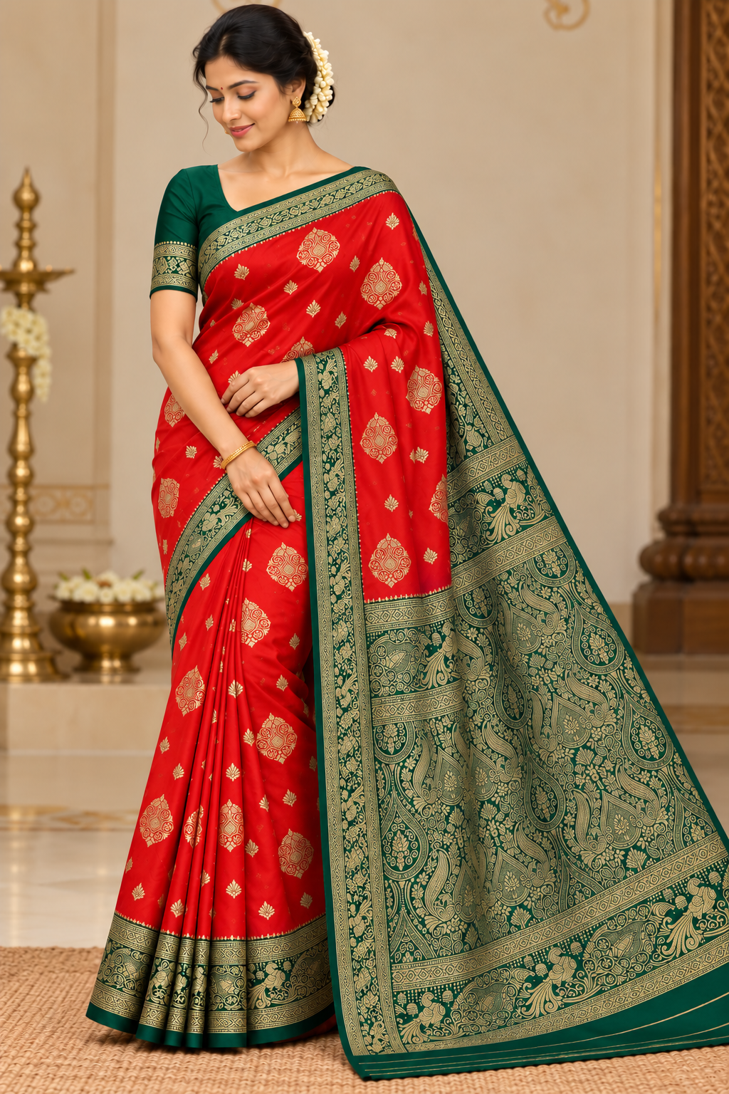 Vermilion Red & Bottle Green Semi Soft Silk Saree with Gold Zari Buttas and Peacock Brocade Pallu