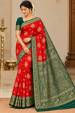Vermilion Red & Bottle Green Semi Soft Silk Saree with Gold Zari Buttas and Peacock Brocade Pallu