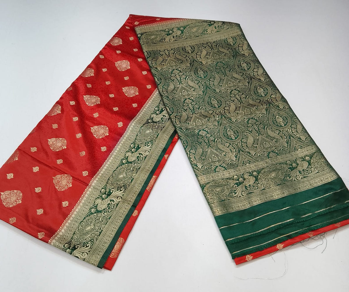 Vermilion Red & Bottle Green Semi Soft Silk Saree with Gold Zari Buttas and Peacock Brocade Pallu