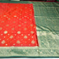 Vermilion Red & Bottle Green Semi Soft Silk Saree with Gold Zari Buttas and Peacock Brocade Pallu