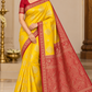 Bright Golden Yellow & Maroon Red Semi Soft Silk Saree with Gold Zari Buttas and Rich Brocade Pallu
