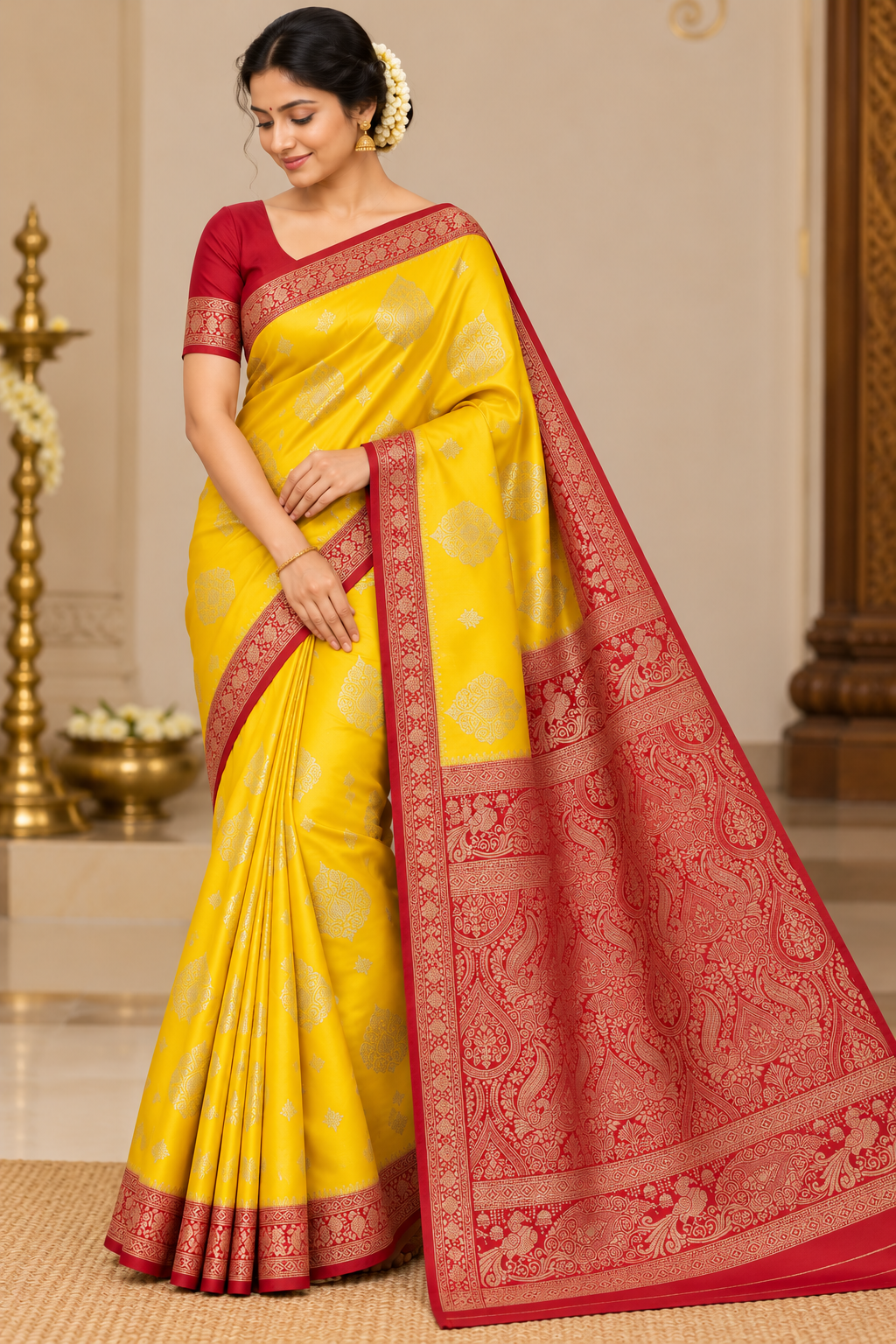 Bright Golden Yellow & Maroon Red Semi Soft Silk Saree with Gold Zari Buttas and Rich Brocade Pallu