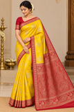 Bright Golden Yellow & Maroon Red Semi Soft Silk Saree with Gold Zari Buttas and Rich Brocade Pallu