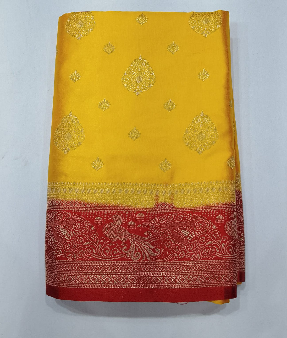 Bright Golden Yellow & Maroon Red Semi Soft Silk Saree with Gold Zari Buttas and Rich Brocade Pallu