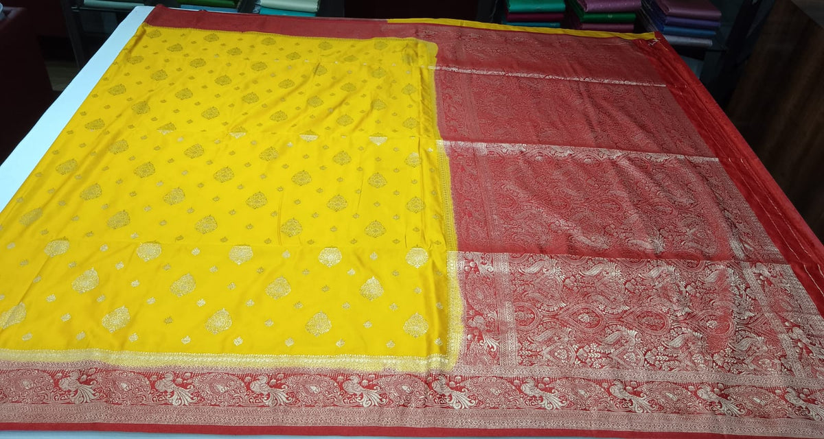 Bright Golden Yellow & Maroon Red Semi Soft Silk Saree with Gold Zari Buttas and Rich Brocade Pallu