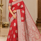 Coral Red Banarasi Soft Georgette Saree with Silver Zari Floral Buttas and Rich Brocade Pallu