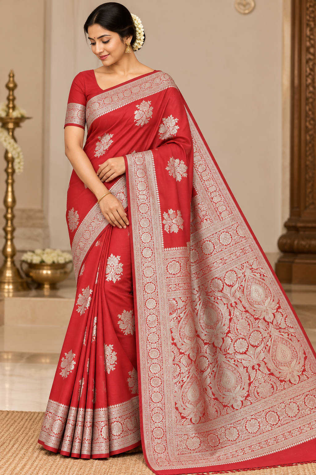 Coral Red Banarasi Soft Georgette Saree with Silver Zari Floral Buttas and Rich Brocade Pallu