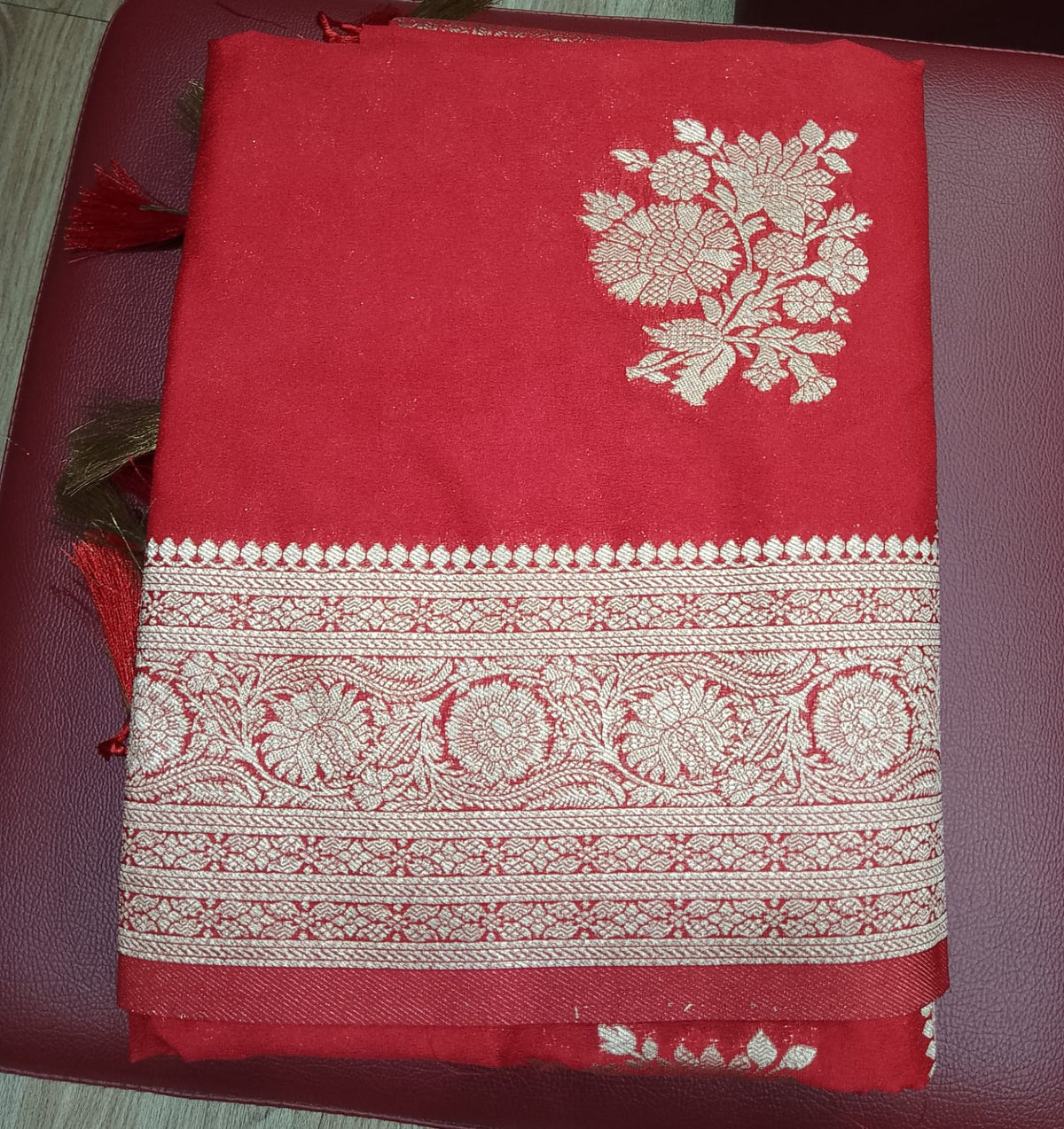 Coral Red Banarasi Soft Georgette Saree with Silver Zari Floral Buttas and Rich Brocade Pallu